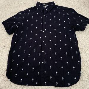 Denim & Flower Shirt Mens XL Button Up Palm Tree All Over Print Navy Blue Cotton